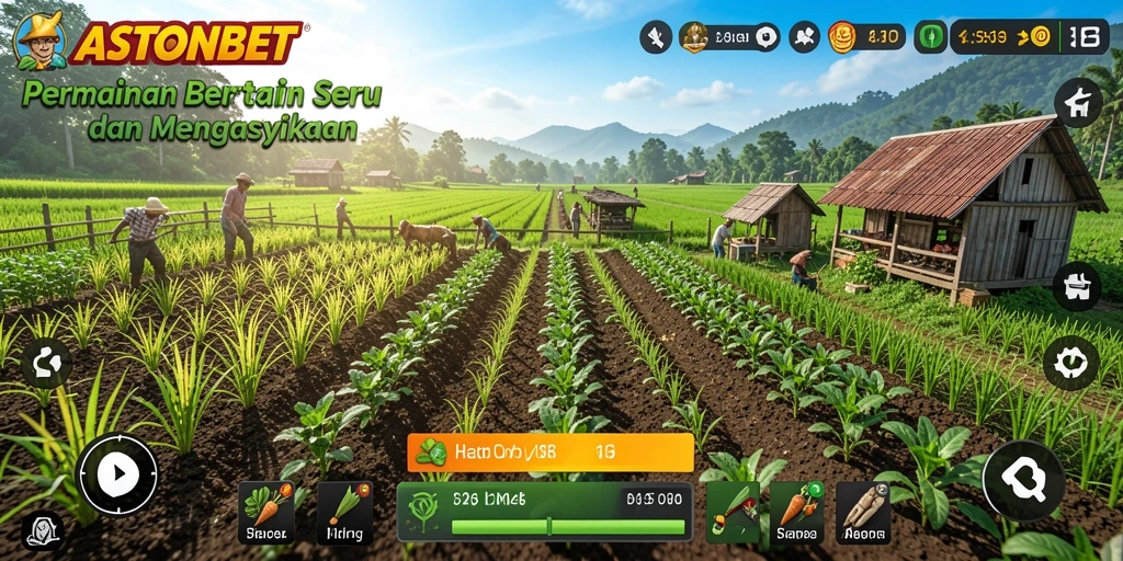 Tampilan gameplay unik dari ASTONBET yang menampilkan aktivitas bertani.