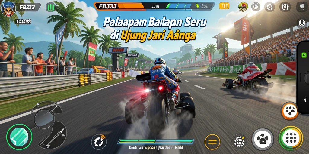 Tangkapan layar utama FB333 menampilkan aksi balap yang intens.