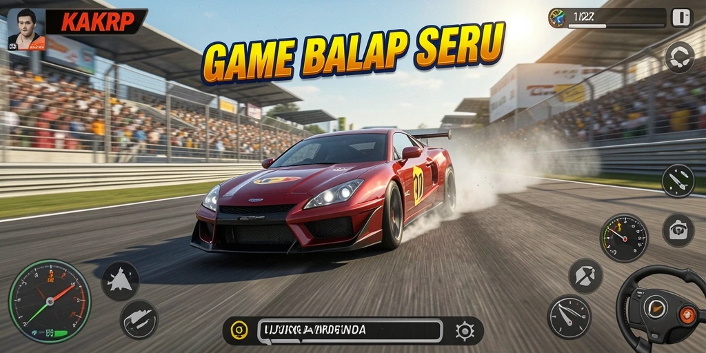 Tampilan gameplay KAKRP dengan grafis yang menakjubkan dan mobil beraksi.