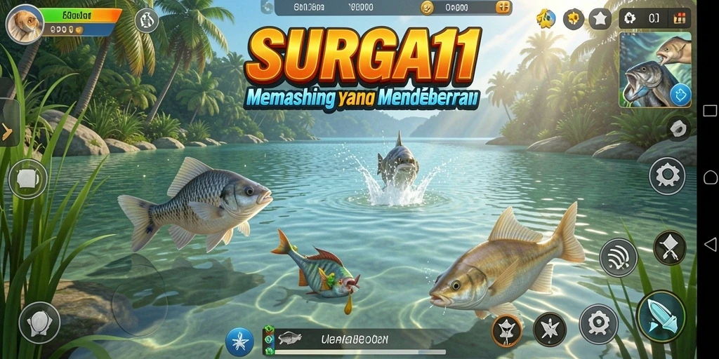 Screenshot gameplay SURGA11 menampilkan aksi mendebarkan saat menangkap ikan.