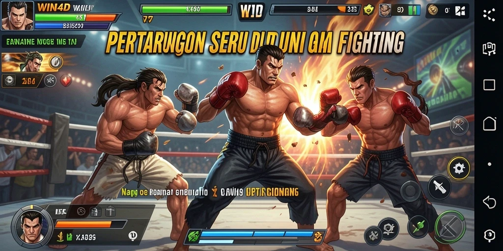 Tangkapan layar gameplay WIN4D menampilkan serangan dan teknik pertarungan yang menegangkan.